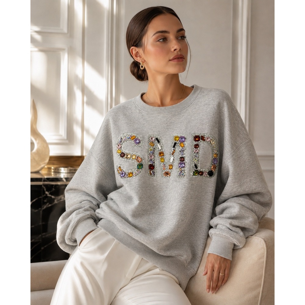 Ashish Hand Embroidered Sequin SMD  Crystals Oversized Sweatshirt SM Rare Gray